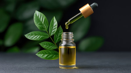 This striking image showcases a glass bottle filled with herbal oil, topped with a pipette. The background features lush green leaves, emphasizing natural beauty and wellness. Perfect for highlighting organic products and self-care routines.の素材