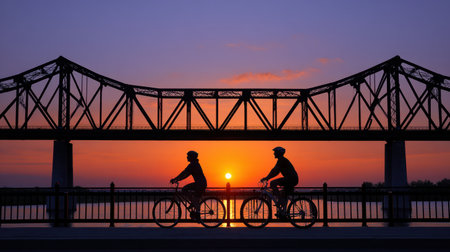 Two cyclists pass through a picturesque landscape at sunset, with a stunning bridge silhouetted against a vibrant sky reflecting on calm waters.の素材