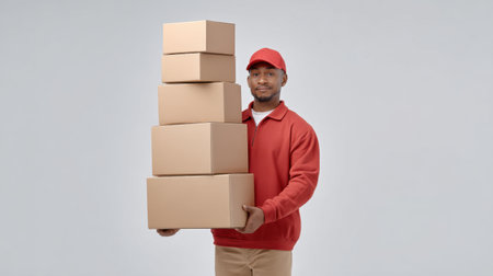 A cheerful delivery person confidently holds a stack of cardboard boxes in a studio setting, showcasing a modern approach to logistics and service delivery.の素材