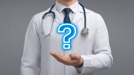 A doctor stands in professional attire with a stethoscope, holding a glowing question mark in hand, symbolizing inquiry in medical practice and patient care.の素材