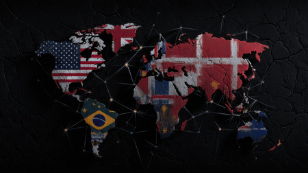 A creatively designed world map featuring various national flags on a dark cracked background, symbolizing global unity, diversity, and cultural richness.の素材