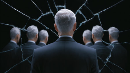 A thought-provoking image illustrating a man's back amidst shattered glass, symbolizing identity loss and existential contemplation. The dark backdrop enhances the feeling of isolation and introspection.の素材