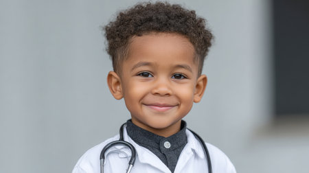 A cheerful young boy dressed in a doctor's outfit with a stethoscope radiates positivity in an outdoor setting. His bright smile captures the innocence and dreams of childhood, showcasing imagination and future aspirations in a playful manner.の素材