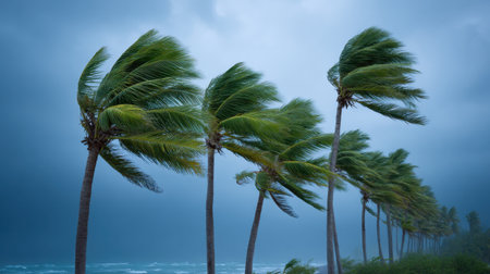 This captivating image showcases vibrant palm trees swaying dramatically in the wind against a stormy sky, capturing the power of nature.の素材