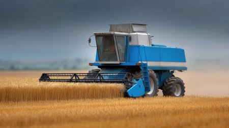 A striking agricultural machine is harvesting golden wheat in a sprawling field under a moody sky, showcasing the dynamic nature of modern farming practices.の素材
