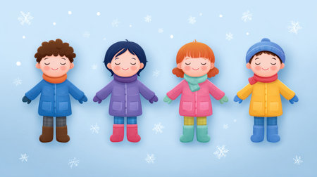 Delightful illustration of four colorful cartoon children dressed in winter clothing. They are surrounded by playful snowflakes, exuding joy.の素材