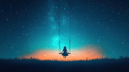 A captivating scene featuring a girl on a swing surrounded by a stunning starry sky. The vibrant colors of dusk create a serene and magical atmosphere, inviting reflection.の素材