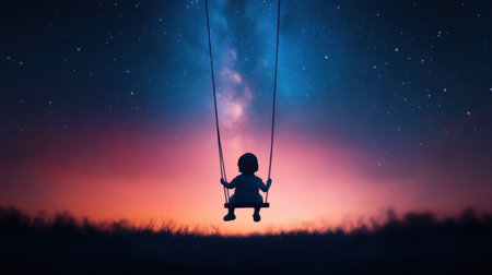 A silhouette of a child on a swing against a stunning cosmic background filled with stars and the Milky Way, evoking feelings of wonder and childhood innocence.の素材