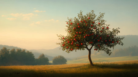 A beautiful apple tree stands alone in a tranquil field, basking in the soft morning light. This serene setting evokes feelings of peace, nature, and gentle beauty.の素材