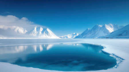 A stunning winter landscape featuring a serene body of water surrounded by majestic snow-capped mountains under a vibrant blue sky, evoking tranquility and beauty.の素材