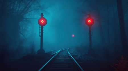 A haunting scene of train tracks illuminated by red signal lights amidst a foggy forest at night, evoking mystery and adventure in a tranquil atmosphere.の素材