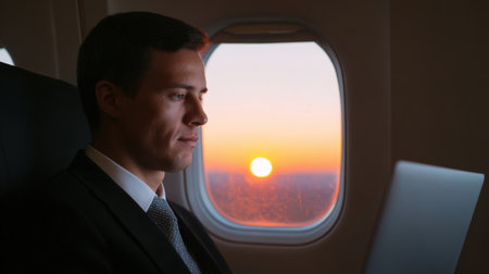 A focused businessman works on his laptop while seated by the airplane window, capturing the stunning sunset and tranquil sky view during travel.の素材