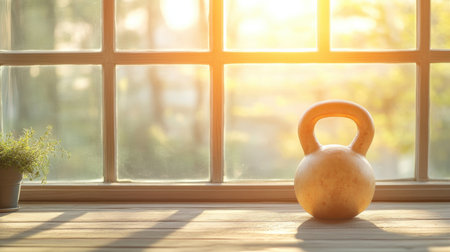 A serene scene featuring a kettlebell illuminated by soft sunlight filtering through a window, alongside a potted plant on a wooden table, inspiring fitness and well-being.の素材