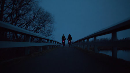 Two cyclists navigate a quiet pathway at dusk, their bicycle lights casting an inviting glow, immersed in nature's tranquility and evening exploration.の素材