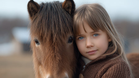 A heartwarming moment captured between a young girl and her brown pony, showcasing the beauty of friendship and innocence in a tranquil outdoor setting.の素材
