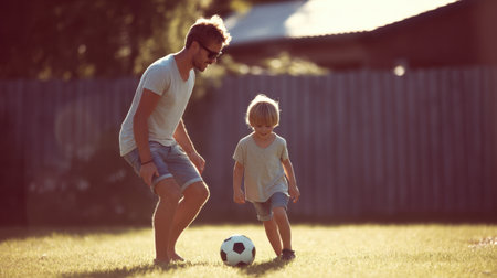 A heartwarming scene of a father and son enjoying a playful moment while kicking a soccer ball in the soft evening light on a grassy field.の素材