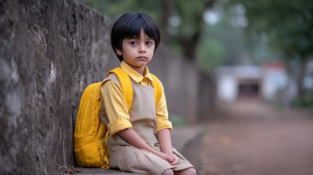 A young child with a yellow backpack sits thoughtfully on a stone wall in a serene outdoor setting. The scene captures the essence of childhood innocence and contemplation, with soft natural light highlighting the tranquil environment.の素材