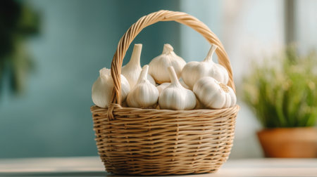 A woven basket filled with fresh garlic bulbs sits on a kitchen table, illuminated by natural light, highlighting organic elements perfect for food photography.の素材