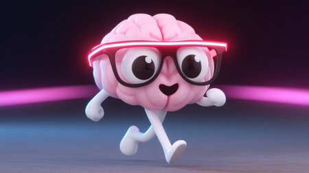 A lively and playful cartoon brain character showcases joy as it runs in a colorful neon environment, exuding creativity and fun through its vibrant design.の素材
