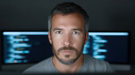 A concentrated male programmer sits in a dim workspace, immersed in coding and software development, illuminated by multiple glowing screens.の素材