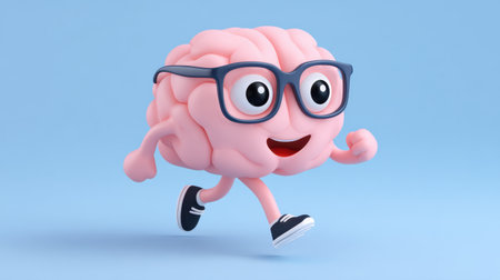A vibrant and friendly cartoon brain character joyfully running in sneakers and glasses against a soft blue background, symbolizing positivity and creative energy.の素材