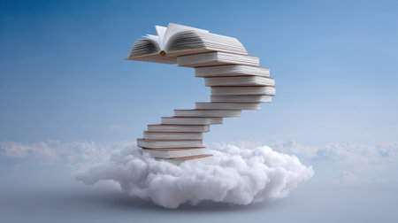 This surreal image features a staircase constructed from open books rising above soft clouds in a bright sky, symbolizing imagination and knowledge.の素材