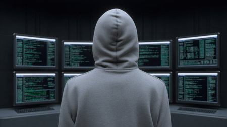 A mysterious figure in a hoodie stands with their back to the camera, surrounded by multiple monitors displaying lines of green code in a dark environment.の素材