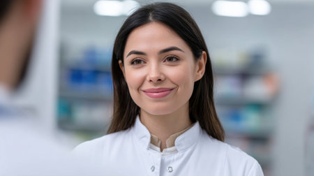 A warm and friendly female pharmacist engages with a customer in a bright, modern pharmacy. Shelves filled with various medications create a welcoming atmosphere, highlighting professional healthcare service.の素材