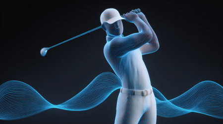 This digital artwork depicts a golfer in an action pose, enhanced by dynamic wave effects that emphasize motion and energy. Perfect for sports themes.の素材
