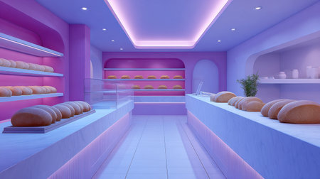 A vibrant bakery interior with soft pink and purple tones, featuring freshly baked bread on stylish displays. Ideal for food enthusiasts and culinary design.の素材