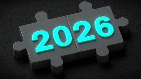 This image features two interlocking puzzle pieces displaying the neon numbers "2026" against a textured background, symbolizing innovation and future planning.の素材