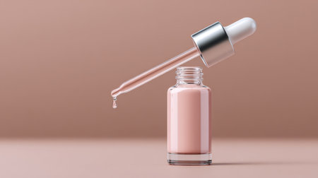 A glass dropper bottle showcases a delicate pink serum as it gracefully drips onto a soft backdrop, symbolizing elegance in beauty and skincare.の素材