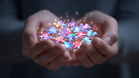 A pair of hands cradling colorful puzzle pieces radiates magic and creativity, symbolizing ideas and inspiration for imaginative solutions.の素材