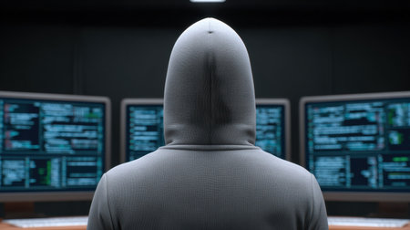 An enigmatic figure in a hoodie stands before multiple illuminated computer screens filled with code, embodying the essence of digital exploration and cybersecurity in a dimly lit setting.の素材