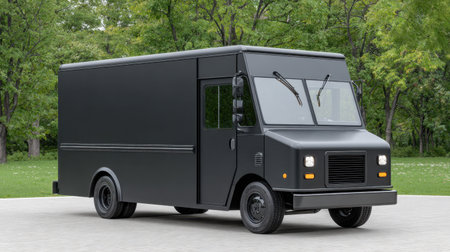 A sleek black delivery truck stands parked in a serene green park setting, surrounded by trees, showcasing its modern design and functionality.の素材