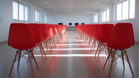 A serene, modern conference room featuring neatly arranged red chairs illuminated by natural light from windows, perfect for meetings or workshops.の素材