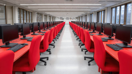 Spacious modern computer lab featuring rows of black monitors and vibrant red chairs, designed for effective learning and collaboration in an educational setting.の素材