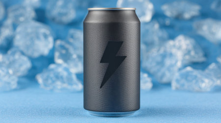 A sleek black beverage can featuring a bold lightning symbol, placed against a soft blue backdrop with scattered crushed ice, suggesting refreshment.の素材