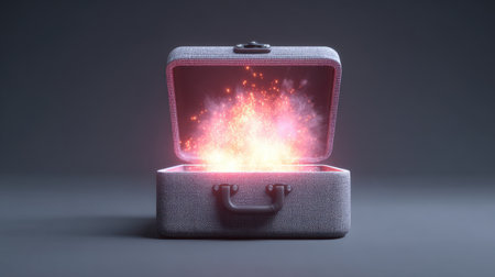 A captivating image of an open suitcase emitting colorful light and sparks, symbolizing adventure and creativity in a modern design studio setting.の素材