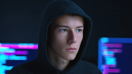 A focused young individual in a dark environment wearing a hoodie gazes intently at glowing computer screens, embodying themes of technology and cybersecurity.の素材