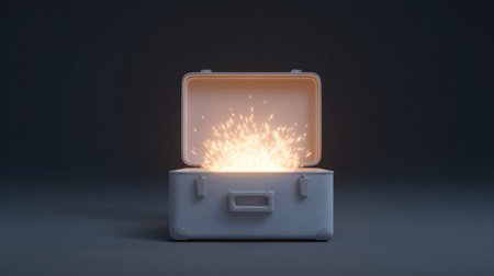 An open white cooler emits dazzling sparkles against a dark studio backdrop, creating a surreal and magical atmosphere perfect for creative projects.の素材
