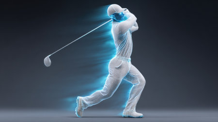 A digital representation of a golf player in motion, showcasing a dynamic swing with neon effects and a futuristic wireframe design. Perfect for sports themes.の素材