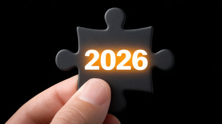 A close-up image depicting a hand grasping a black puzzle piece with the illuminated number 2026, representing planning, strategy, and future goals.の素材
