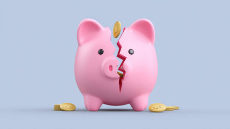 A broken piggy bank reveals the challenges of savings and financial loss. Coins surround the bank, conveying themes of struggle, expenditure, and budgeting.の素材