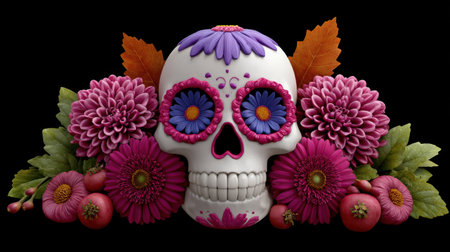 This image features a stunning sugar skull adorned with vibrant flowers, representing joyous celebration and rich cultural heritage, perfect for festive occasions.の素材