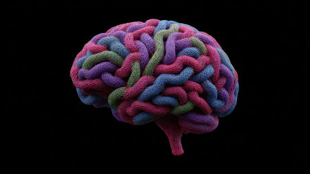 This abstract image features a colorful and intricately woven representation of a human brain, conveying themes of creativity and intelligence. Ideal for educational and artistic purposes.の素材