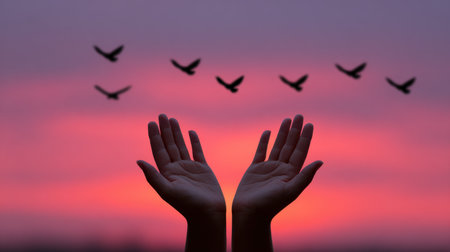 A stunning image of open hands reaching towards a flock of birds flying against a vibrant sunset sky, symbolizing hope and freedom in nature.の素材
