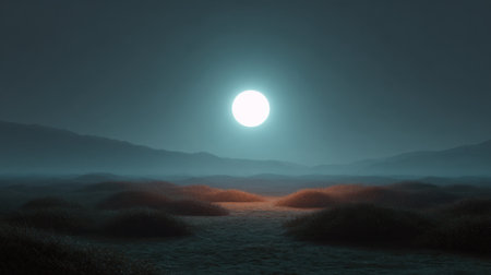 An enchanting night landscape featuring a full moon casting a soft glow over rolling grass hills. Mist shrouds the mountains, creating a serene ambiance perfect for nature lover and tranquil settings.の素材