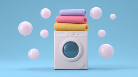 A white washing machine stands out against a bright blue background, topped with colorful towels and floating bubbles, representing modern laundry care.の素材