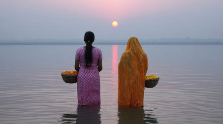 Two women stand in serene harmony by a river at sunrise, holding baskets of flowers, showcasing colorful attire against a vibrant backdrop.の素材